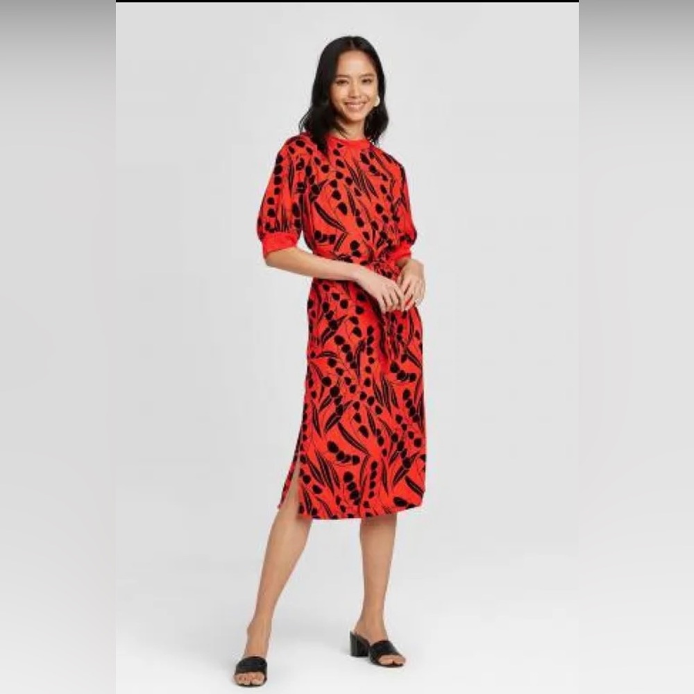Who What Wear Red and Black Printed Midi Dress